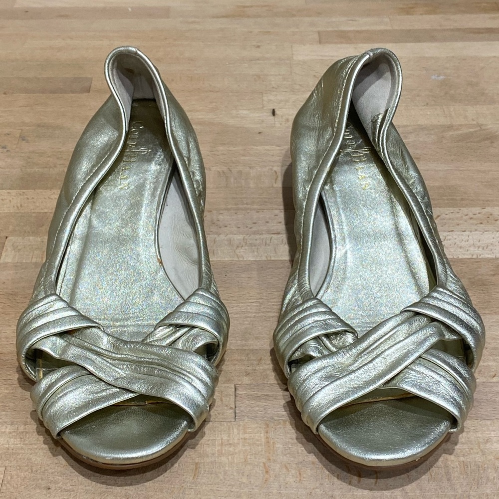Cole Haan Gold Leather Peep Toe Wedge Slip On Flats Women’s Size 7B